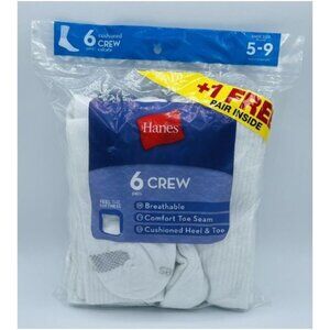 Hanes Womens White Cushion Crew Socks Size 5-9 6 Pairs +1 Free